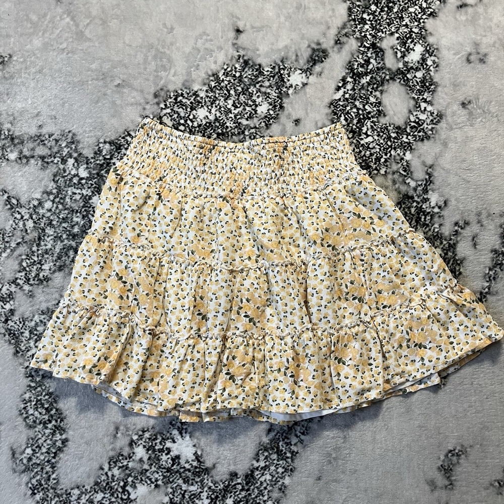American Eagle Outfitters Skirt Womens Sz S‎ Lemon Floral Smocked Tiered Mini
